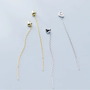 

Real 925 Sterling Silver Heart Long Drop Earrings Cute Pull Through Threader Earrings for women Fine Jewelry