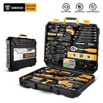 DEKO Hand Tool Set General Household Repair Hand Tool Kit with Plastic Tool box Storage Case Hammer Screwdriver Ratchet Wrench