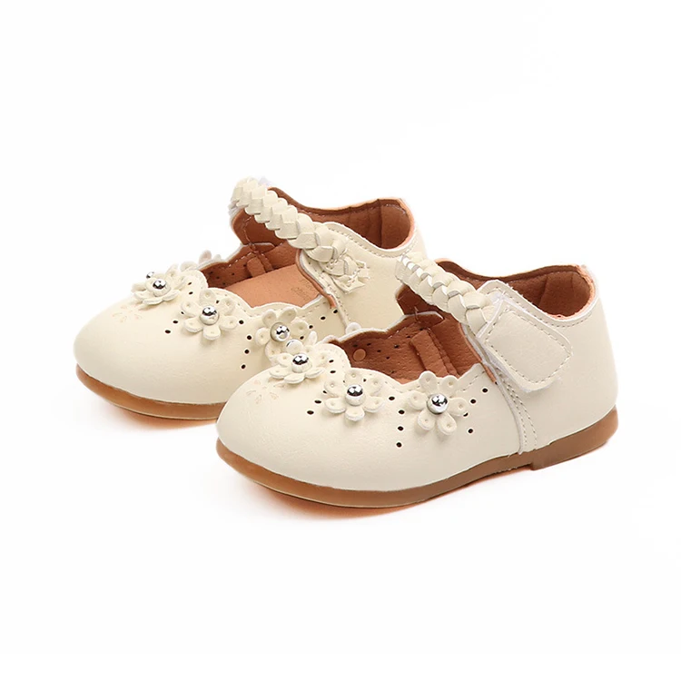 beige Однотонные Кожаные туфельки с цветами для маленьких девочек, вечерние свадебные модельные туфли принцессы для маленьких девочек, для детей 0-3 лет - Цвет: beige