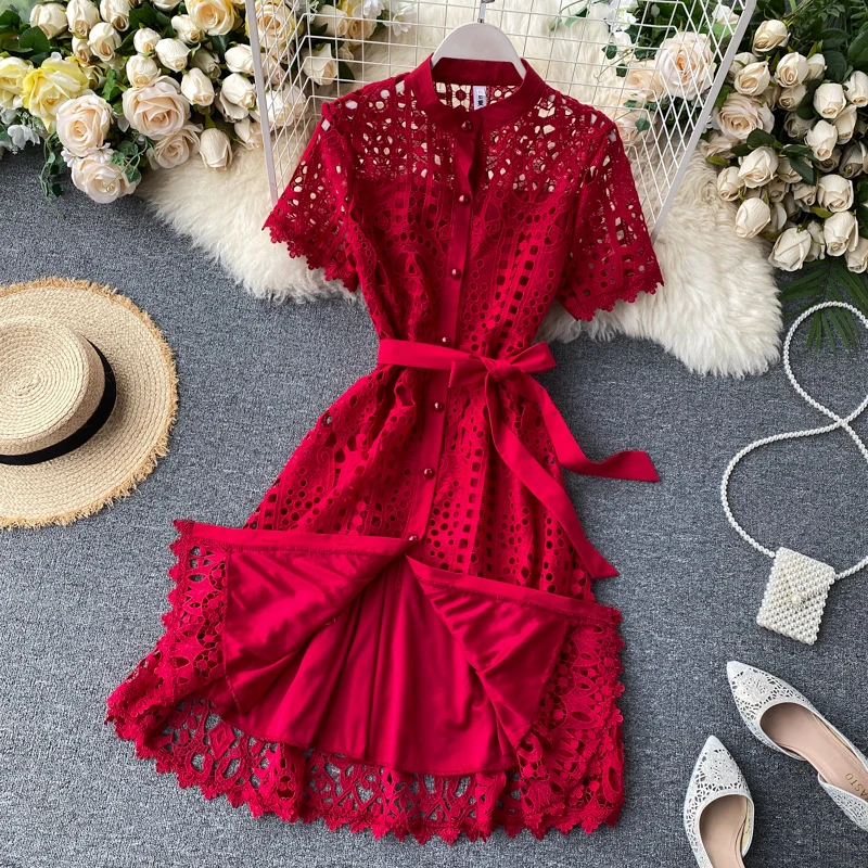 OCEANLOVE Solid Lace Evening Party Dress Solid Bandage Hollow Out Sexy Fashion Women Dress Bow High Waist Summer Dresses 16647