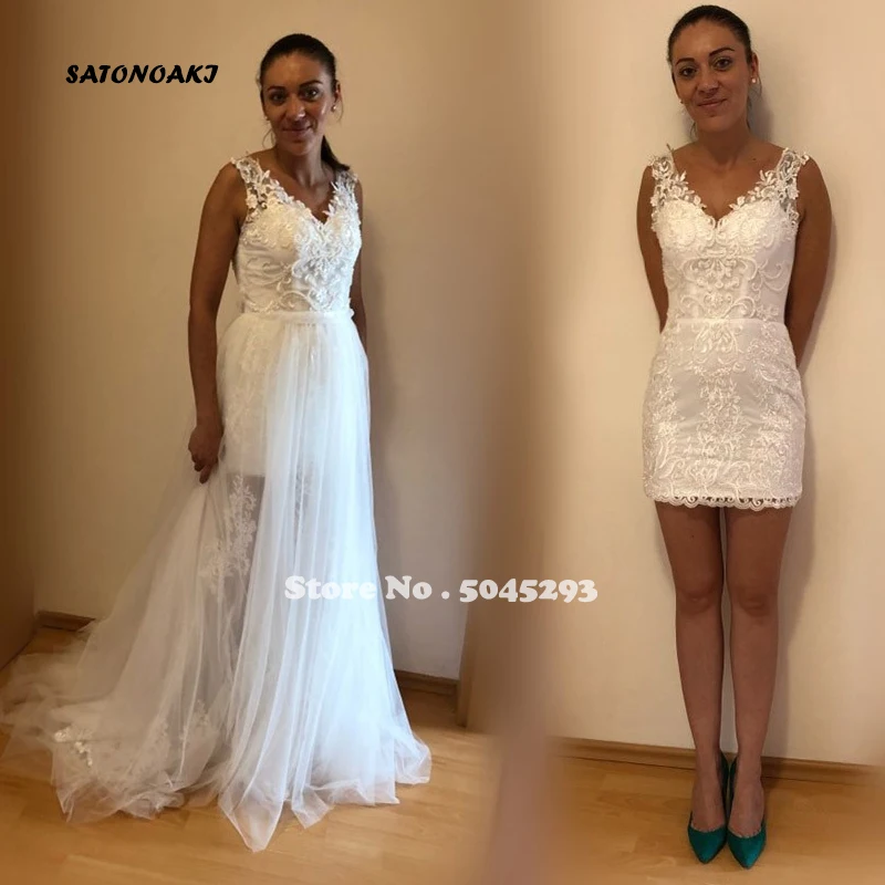 

SATONOAKI Fashion A line Wedding Dress With Detachable Train V Neck Sleeveless 2 In 1 Lace Bridal Bride Dress vestidos de novia