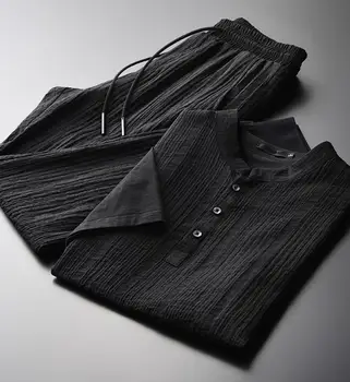 

Collar Mens Stand (T-SHIRTS+PANTS) Plus Size 4xl Luxury Wrinkle Fabric Short Sleeve Man Summer Pants Mans Sets