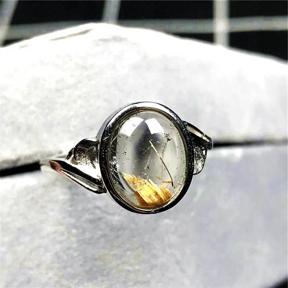 

Natural Gold Rutilated Quartz Ring Jewelry For Woman Man Clear Crystal 12x10mm Beads Silver Stone Adjustable Finger Ring AAAAA