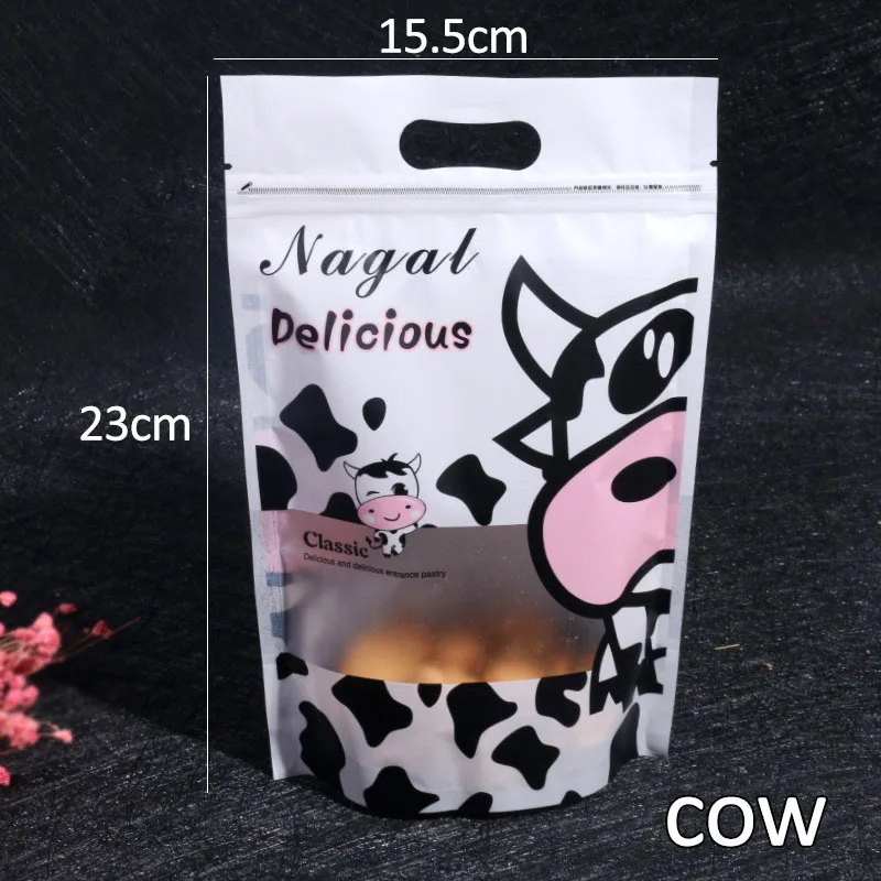cow Стандартный полупрозрачный самоуплотняющийся чайный пакет 15,5*23 см, пакеты для печенья, милый мультяшный узор, сумка на молнии для печенья, 10 шт - Цвет: cow