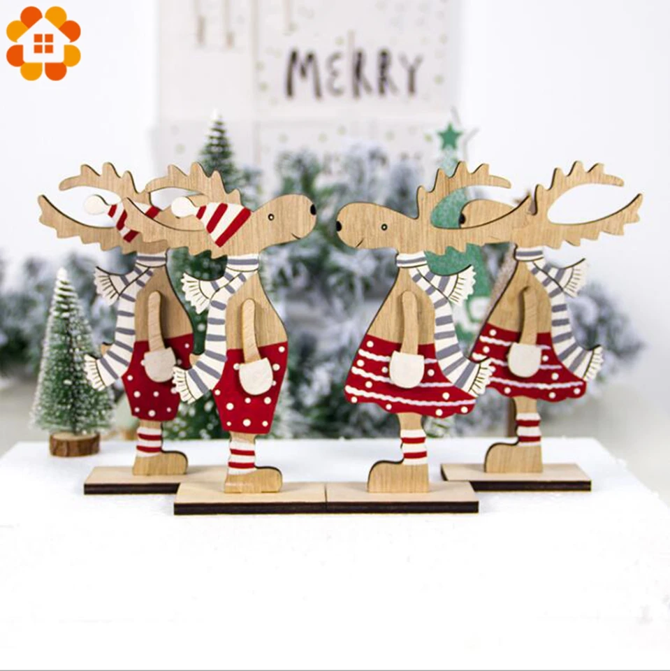 

1PC Christmas Wooden Deer Ornaments DIY Wood Crafts Couple Deer For Home Table Decorations Christmas Party Supplies Kids Gift