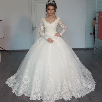 

Gorgeous V-neck Ball Gown Long Sleeve Wedding Dresses 2020 Lace Applique White Wedding Gowns robe de mariage