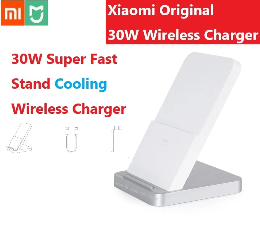Включает вилку и кабель, оригинальная Беспроводная зарядная подставка Xiaomi 30 Вт, охлаждающий вентилятор с держателем 19V 1.6A для iPhone samsung huawei