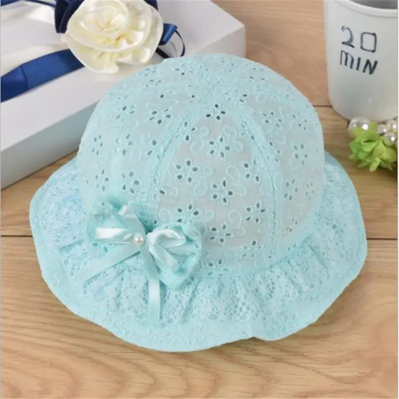 blue Милая Кружевная летняя шляпа для малышей, Панама, полый колпачок с бантом, жемчужная шляпа рыбака для девочек, широкая Плавательная шапочка - Цвет: blue