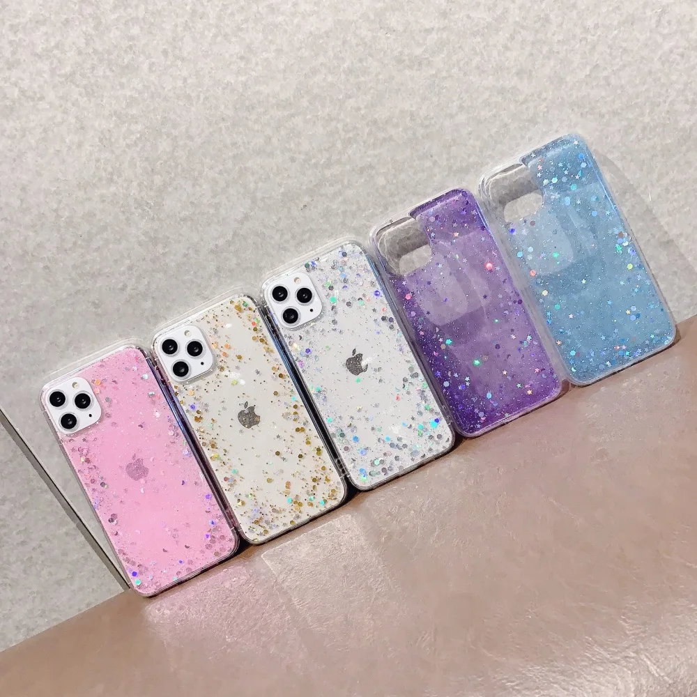 

Glitter Gold Foil for iPhone 11 Pro Max Xs Xr X 8 7 Plus Case Luxury Transparent Quicksand Cute Fashion Plain Pink Blue Cover