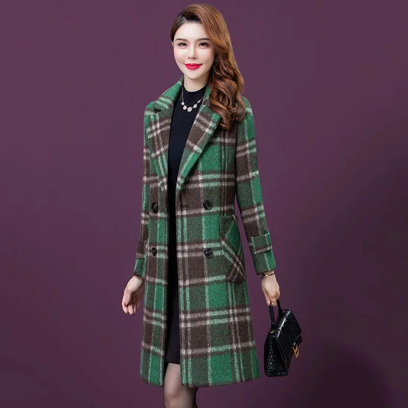 

High Quality Green Plaid Woolen Coat Women's Autumn Winter Overcoat Double-Breasted Woolen Blended Windbreaker Outerwear 5XL