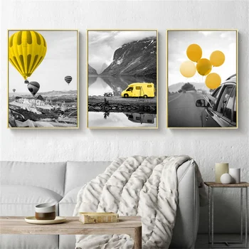 

Black and White Landscape Picture Home Decor Nordic Canvas Painting Yellow Balloon Print Living Room Bedroom Wall Art Painting