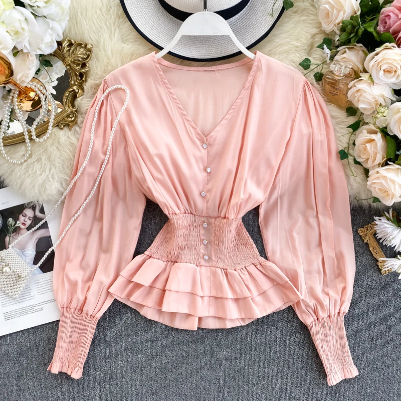 SINGRAIN Autumn Women Puff Sleeves Blouse Elegant Elastic Waist Button Chic Tops Female Korean Streetwear Gothic Vintage Blouses | Женская