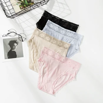 

LEECHEE Sexy Lace natural silk Seamless and thin Panties For Women Breathable Out soft Briefs Mid waist Solid color lingerie