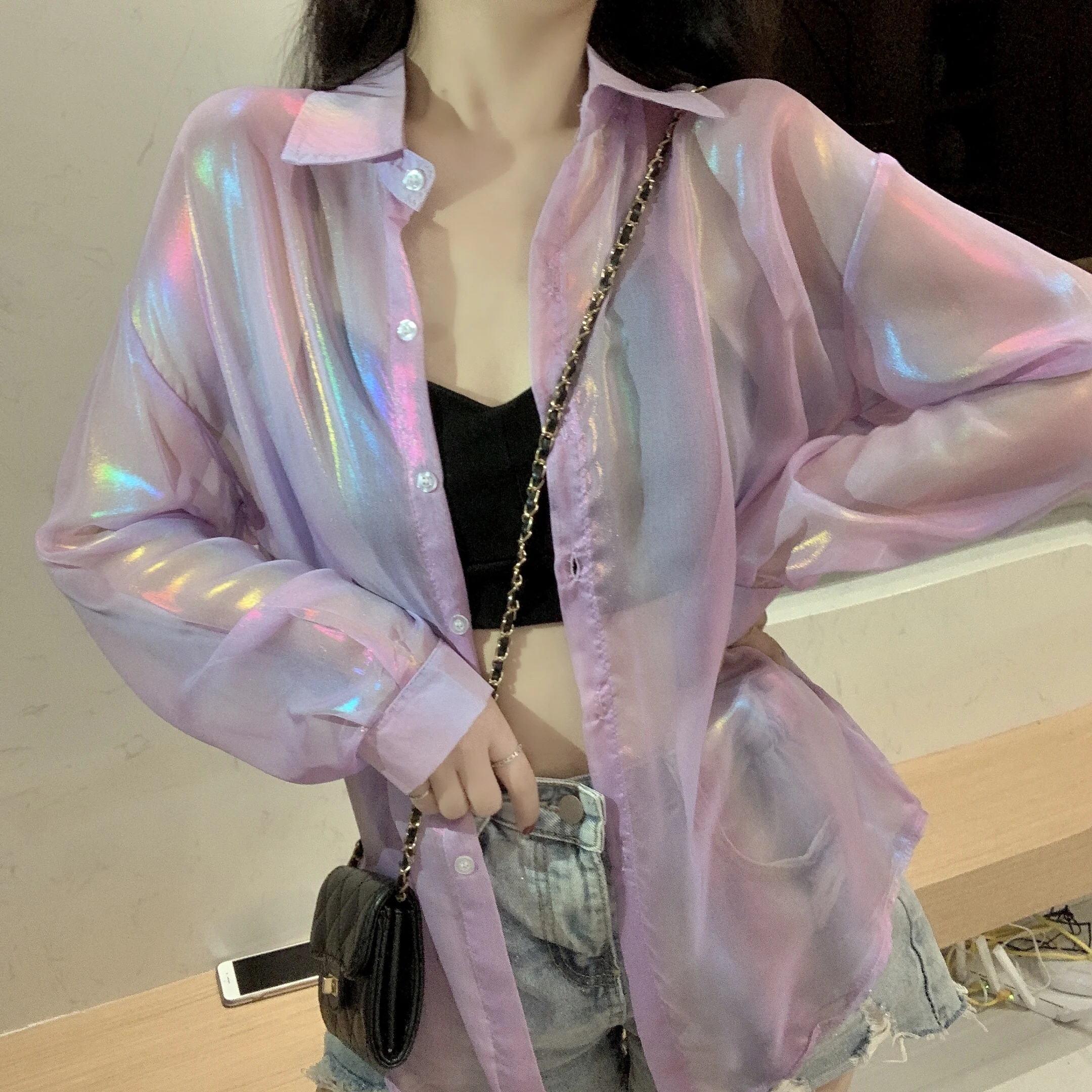 HELIAR Women Shining Sparkles Shirts Long Sleeve Button Up Chiffon Shirts Transparent Sexy Blouses For Women 2020 Autumn HELIAR Women Shining Sparkles Shirts Long Sleeve Button Up Chiffon Shirts Transparent Sexy Blouses For Women 2020 Autumn