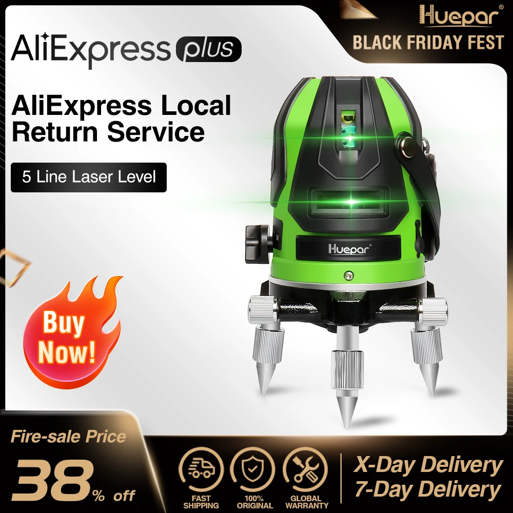 US $103.70 Huepar MultiLine Laser Level Green Beam Selfleveling Four Vertical and One Horizontal Lines with Down Plumb Dot Laser Tool