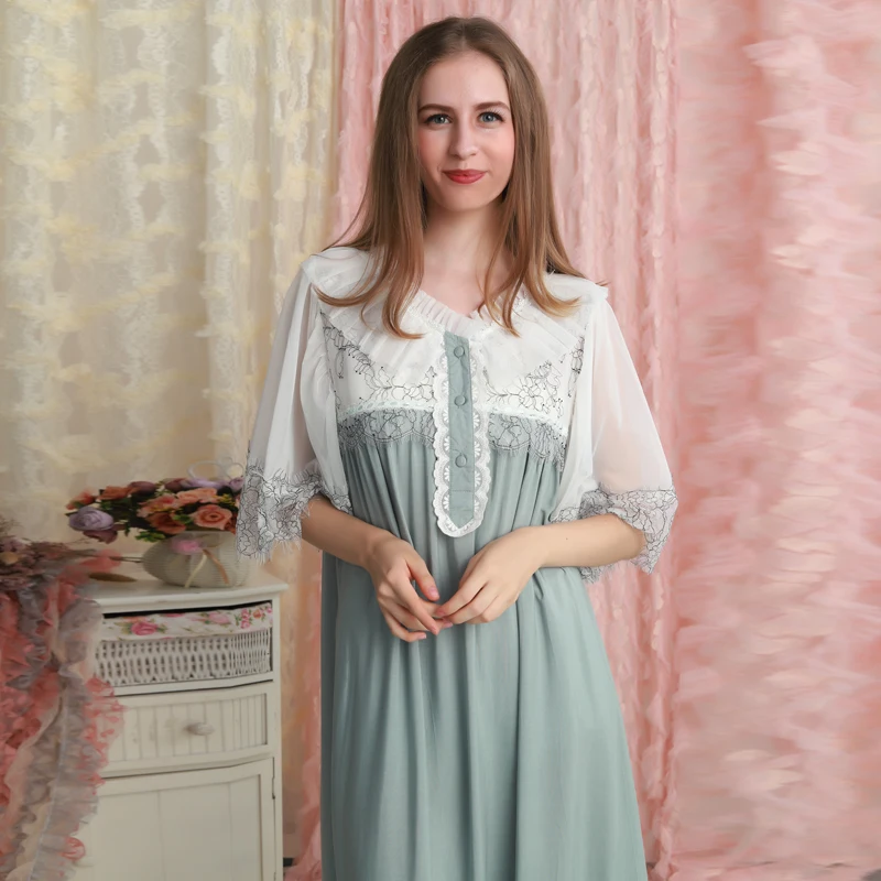 Ночная рубашка с рукавом, женская ночная рубашка принцессы, кружевная ночная рубашка с коротким рукавом, длинные ночные рубашки, женское платье, летняя одежда для сна - Цвет: Зеленый