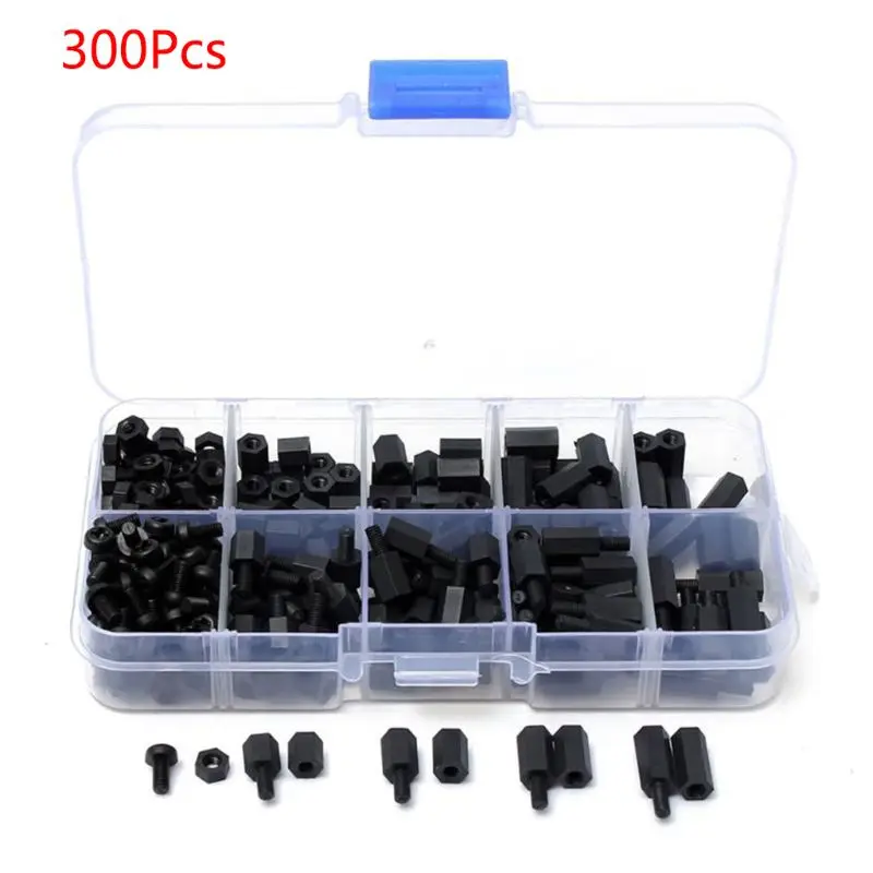 

300Pcs/Box M3 Black Nylon Hex Screw Flat Head Spacing Screw Nut PCB Standoff Kit