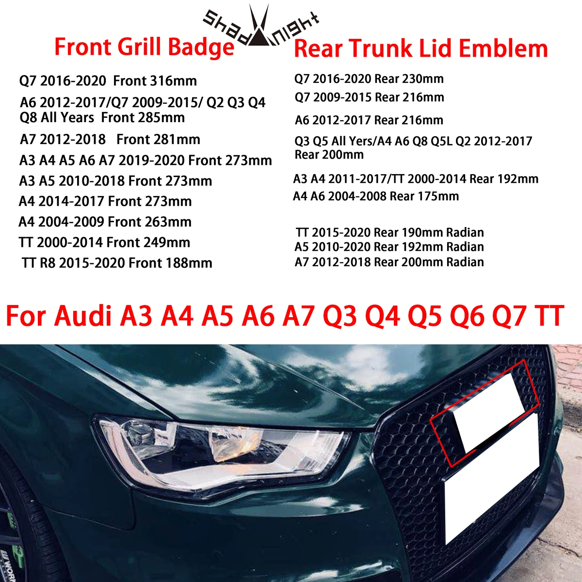 Для A3 A4 A5 A6 A7 Q3 Q4 Q5 Q6 Q7 TT глянцевый черный 4 кольца Автомобильный капот Передняя