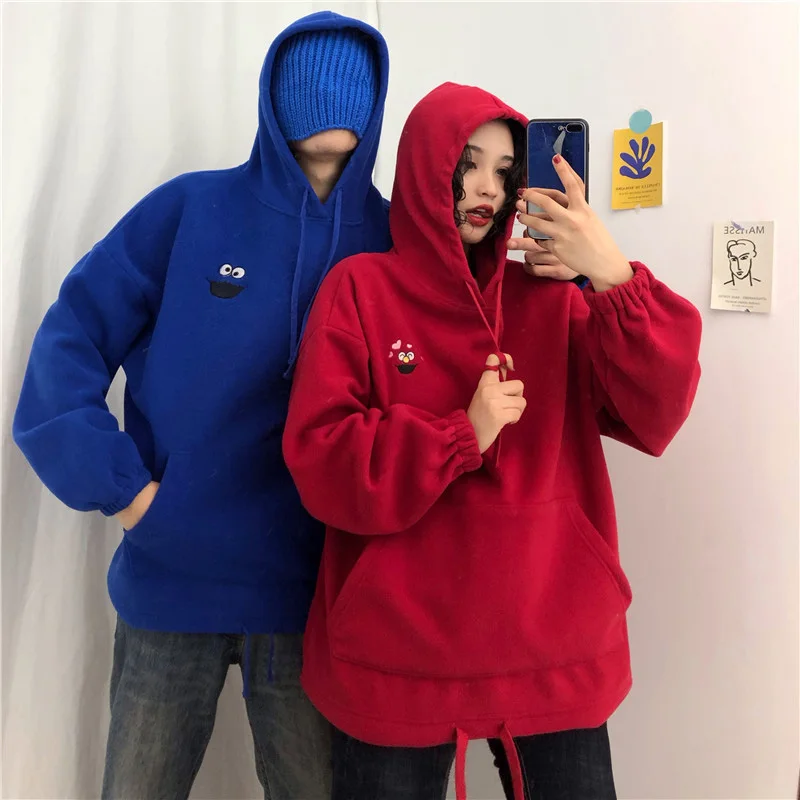

2019 New Autumn Women Hoodie Sweatshirt Plus Velvet Pockets Oversize Sweatshirts Female Embroidered Cartoon Sweatshirts Hooded