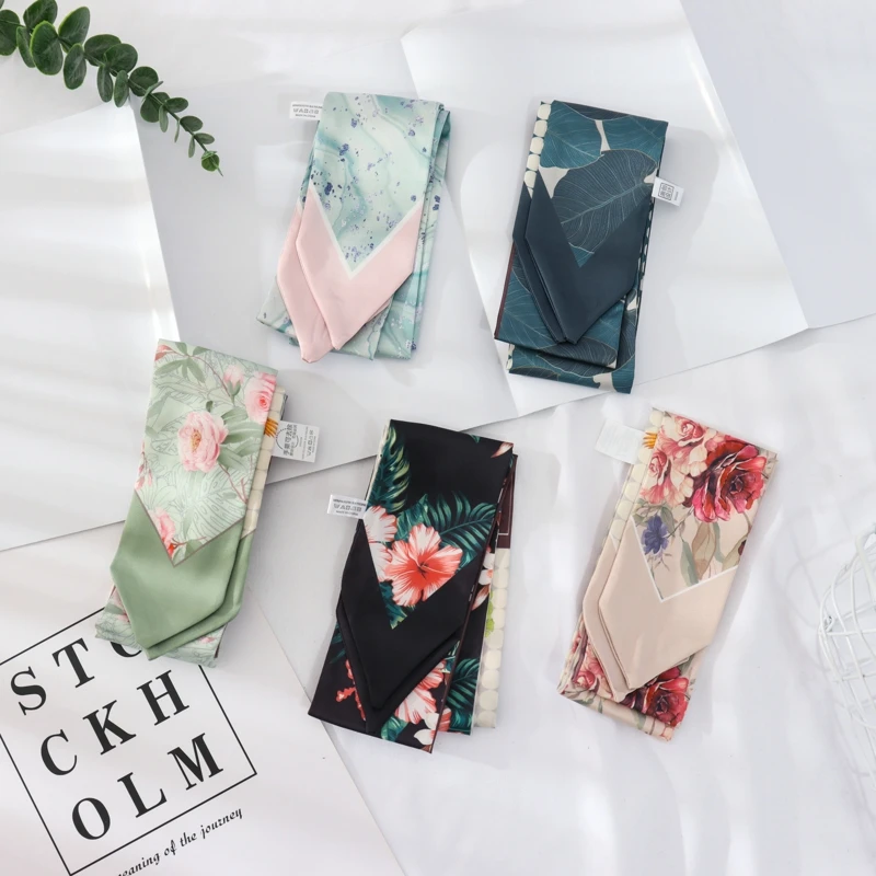 2021 New Summer 130*7 Ins Small Hairband Lovely Print Long Silk Scarf Wrist Ribbon Skinny Scarf For Women 2