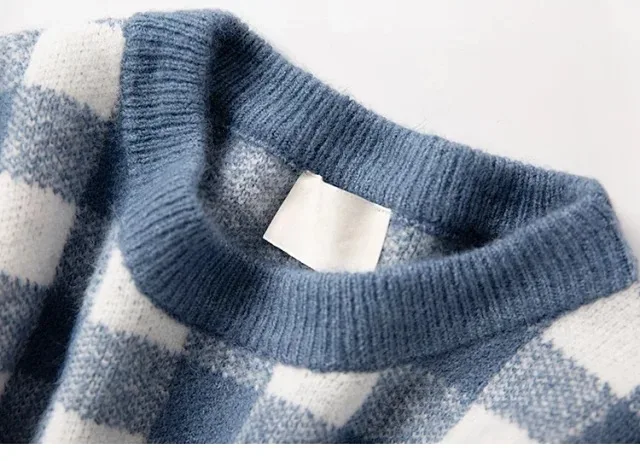 Vintage check round neck sweater alpaca blend sweater French brand women's winter sweater