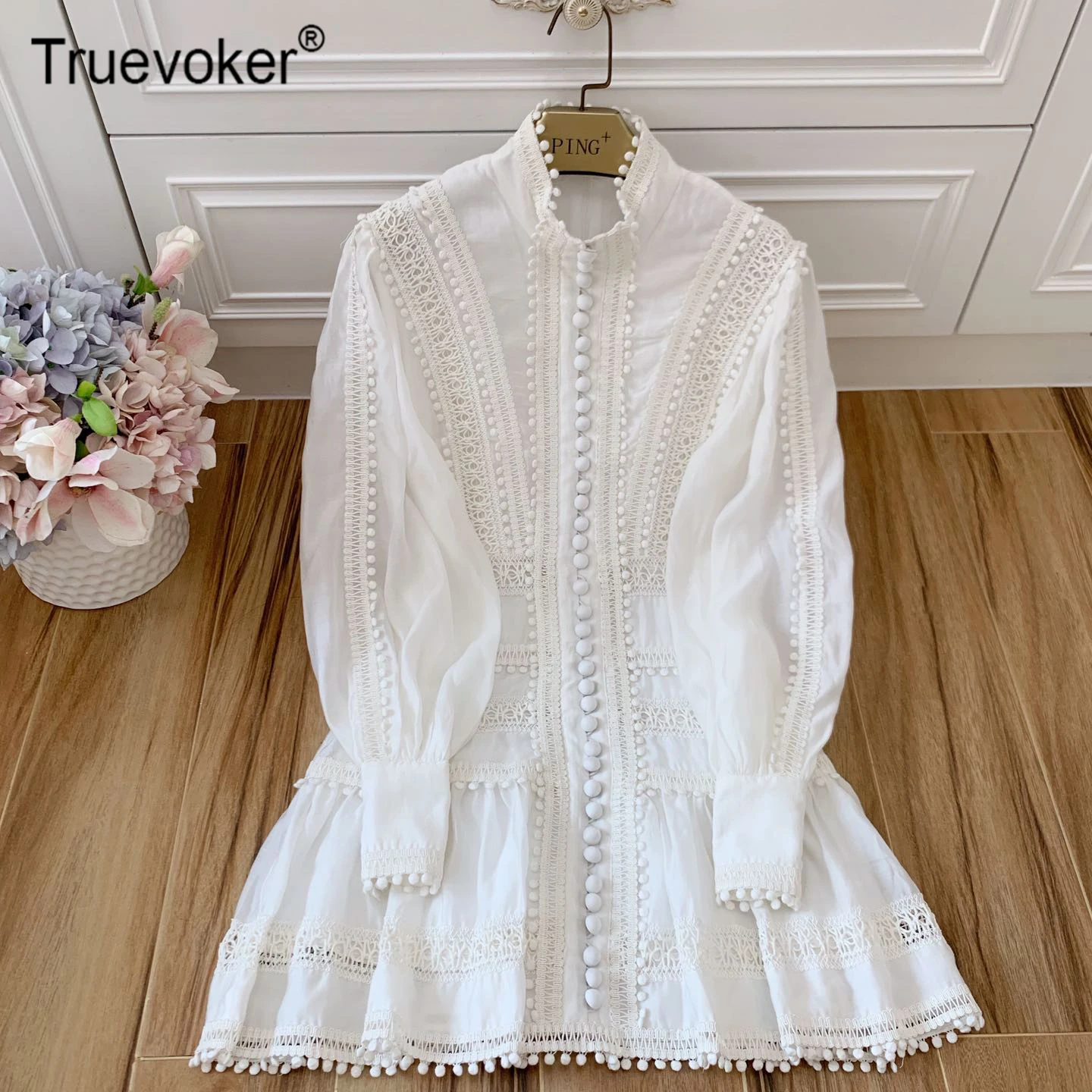 

Truevoker Runway Designer Holiday Embroidery Dresses Women's Elegant Full Sleeves Embroidery Hollow Out Fuzzy Balls Vestidoes