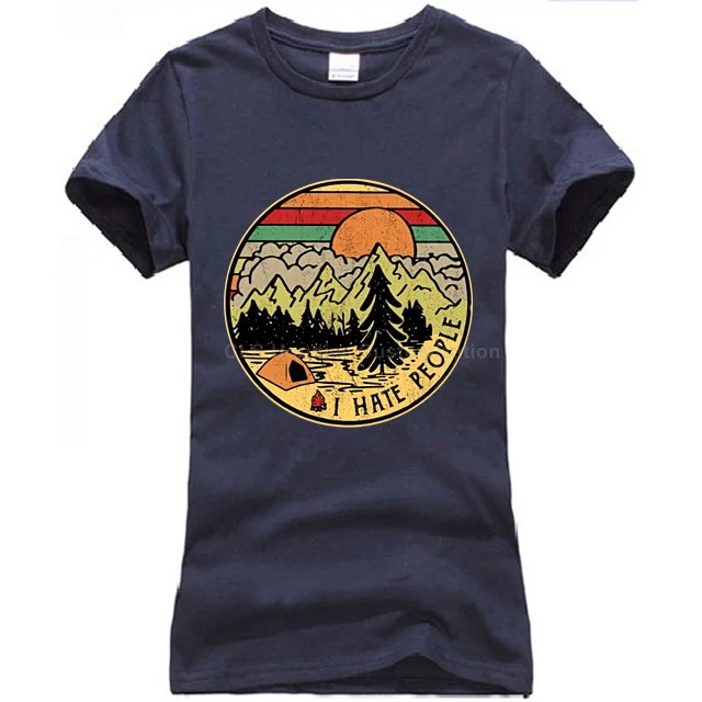 Women navy blue Camping I Hate People I Love Camping Винтажная футболка Черная Хлопковая мужская мультяшная Футболка Мужская Унисекс Новая модная свободная футболка - Цвет: Women navy blue