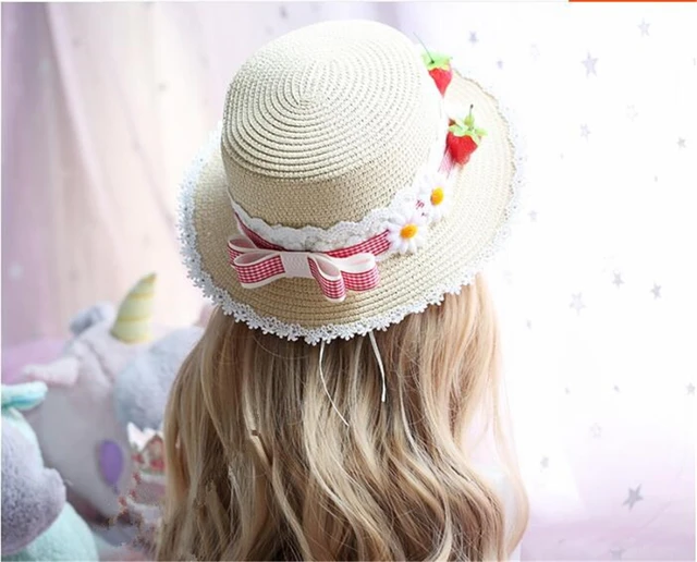 Lolita Strawberry Straw Hat for Women Teens Summer Outdoor Fashionable Wide  Brim Beach Sun Hats UV Protection