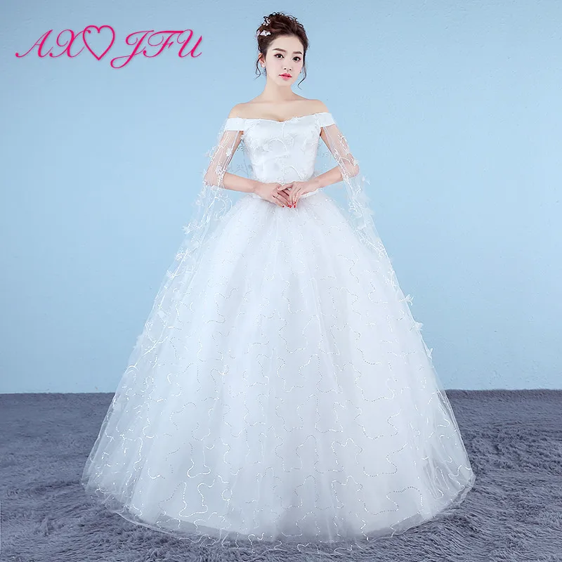 

AXJFU flower lace white wedding Dress princess vintage boat neck illusion ruffles flower red lace with view bride wedding dress