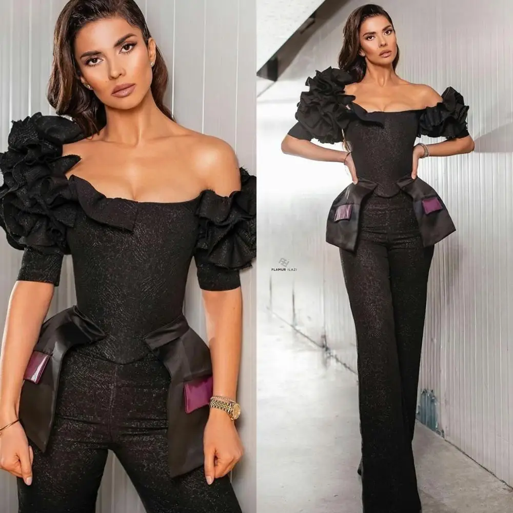 

Black Lace Jumpsuits Prom Dresses African Ruffles Off The Shoulder Evening Dress Plus Size Formal Pants Pageant Gowns