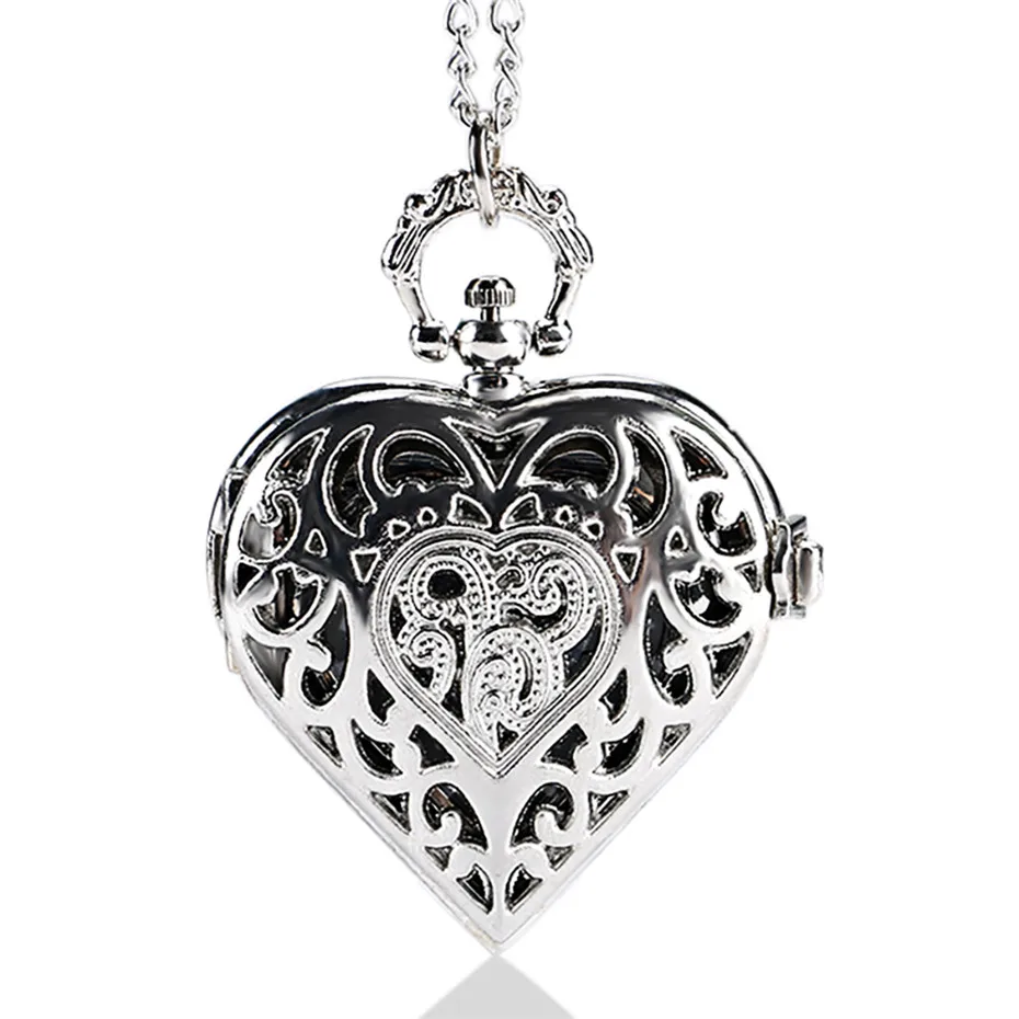 Silver Ретро в форме сердца бронзовые подвесные карманные часы с necklace ем цепочкой крутые Кварцевые Fob часы для женщин девушек лучший подарок - Цвет: Silver