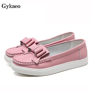 

Gykaeo 2020 Spring Summer Leather Flat Shoes Female Soft Bottom White Nurse Shoes Ladies Bow Casual Sneakers Women Zapatos Mujer