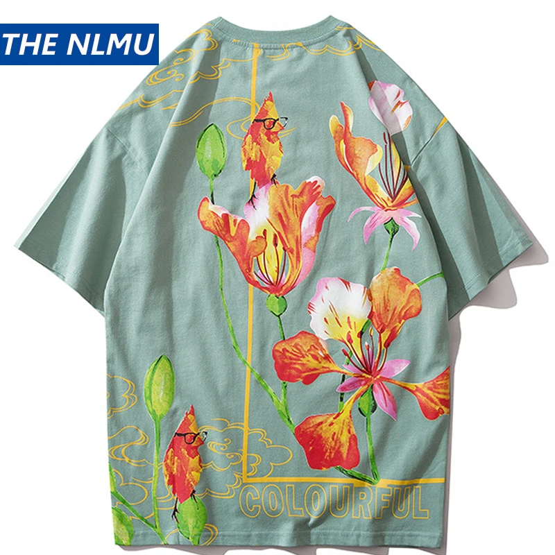 

2020 New Green Tops Tees T-Shirts Men Hip Hop Harajuku Floral Tshirt Short Sleeve Cotton Casual Print Flower Tshirt Fashion HT44