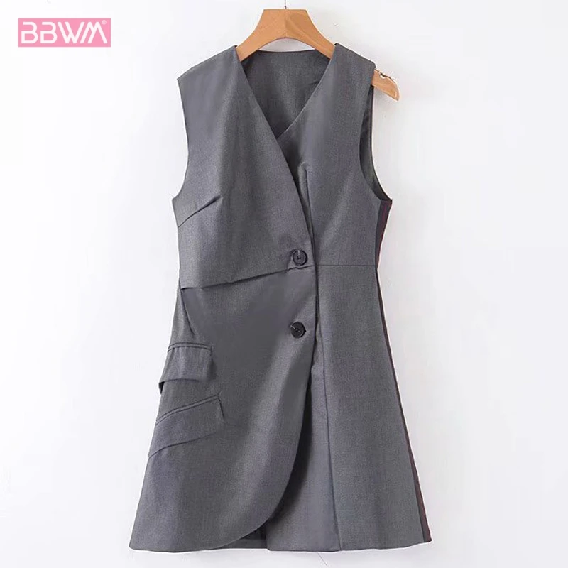 

French V-neck Two-button Irregular Women's Dresses 2019 Autumn New Waist Slimming High Waist Sleeveless Female Dress