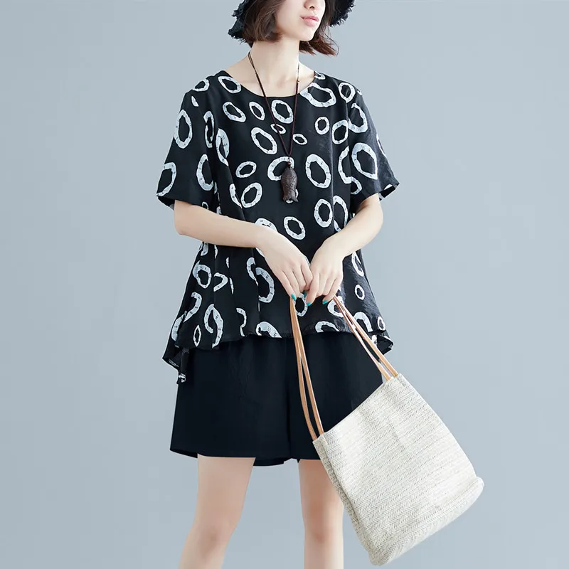 

2019 Summer New Style Literature And Art Loose Cotton Linen Large Size Dress Slimming Tops T-shirt + Shorts Fashion Leisure Suit