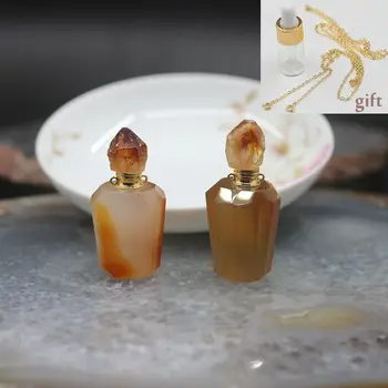 

New!Natural Red Agates Perfume Bottle Citrines Druzy Caps Pendants,Gems Stone Essential Oil Diffuser For Necklace Charms Jewelry
