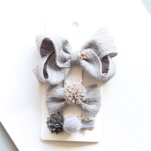 grey set 5 компл./лот, комплект заколки для девочек, льняные скрученные банты с цветком, заколки для волос, однотонный головной убор, детский головной убор, модные аксессуары для волос - Цвет: grey set