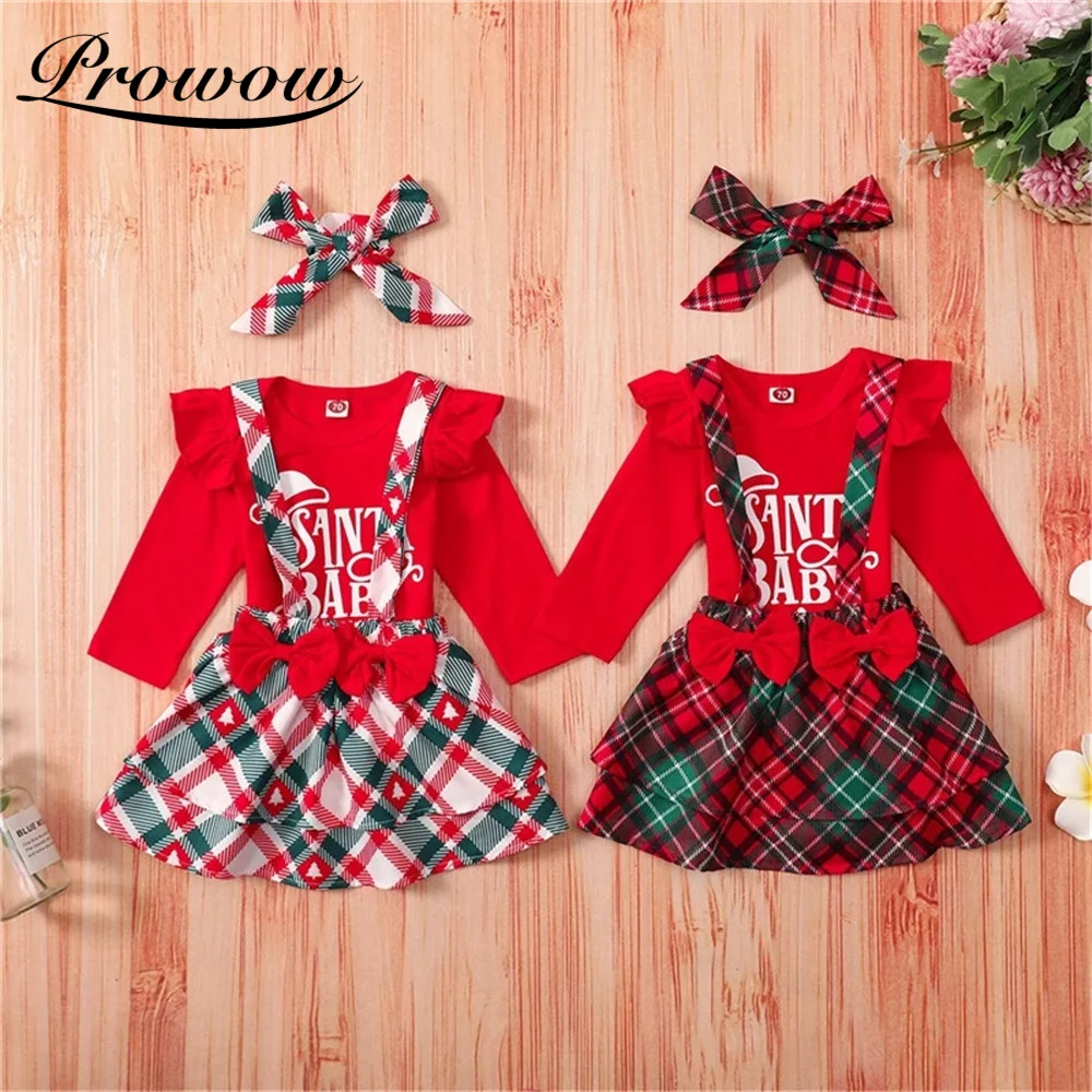 

Christmas Baby Girls Costume 3 Pcs Newborns Flying Sleeve Bobysuit+Plaid Strap Dress Festival Kids Toddlers Costume