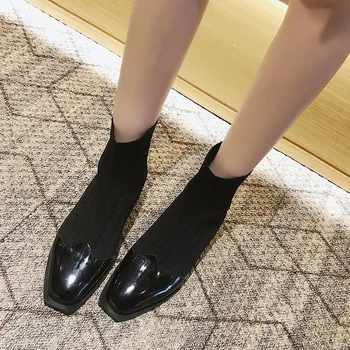 

2019 New Spring and Autumn Knitting Women Socks Boots Female Ankle Boots Rubber Flat Shoes Slip-on Boots Square Toe
