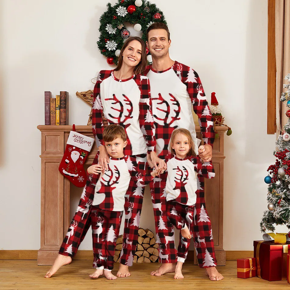 SOONHUA Family Pigiama coordinato Vestiti classici di Natale a quadri con alce morbido abbinamento natalizio per la famiglia 