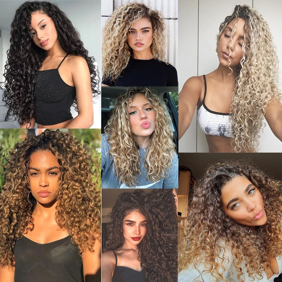 Kinky Curly Hair Bundles With Closure Synthetic Afro Curls Wave Soft Extensions Black Blonde 5PCS/Lot Full Head