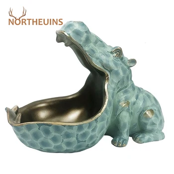 

NORTHEUINS Hippo Resin Figurines Decoration Animal Ornament Statuette Interior Living Room Decor for Home Storage Christmas Gift