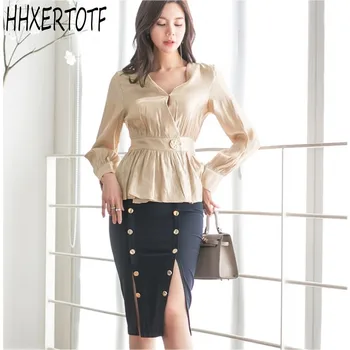

Fashion Designer Office Ladies Two Piece Set 2020 spring Women's Long Sleeve Shirt+Split skirt sets