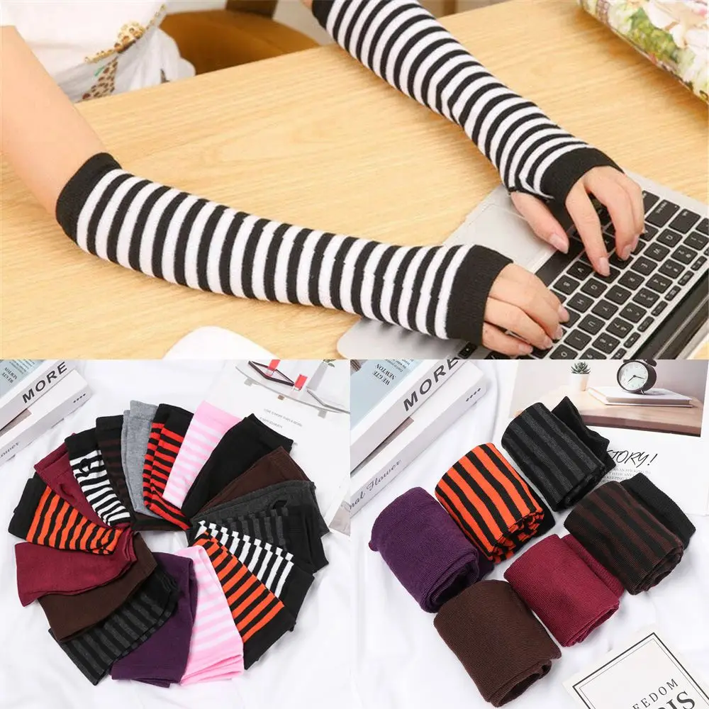 

Women Girls Cotton Classic Fingerless Long Glove Wristband Arm Cover Long Sleeve Soft Striped Elbow Mitten Knitted Gloves