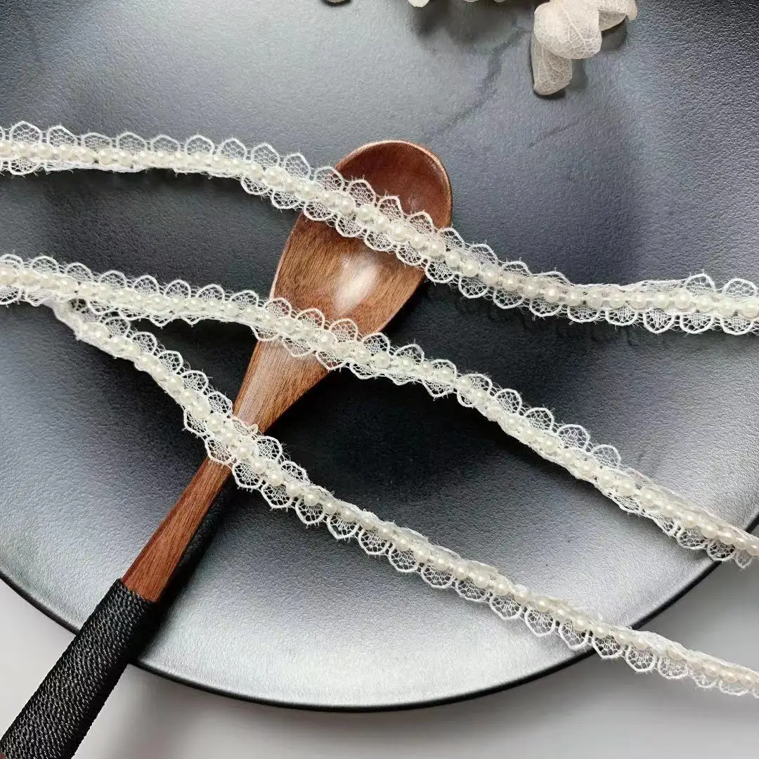 1CM Wide DIY Hand-stitched Pearl Glitter Beads Braid Lace Ribbon Wedding Dress Skirts Collar Neckline DIY Sewing Appliques lace ribbon,lace sewing accessories,lace sewing supplies