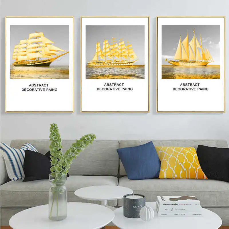 YUMEART Золотая лодка холст Художественная печать береговая роспись парусное