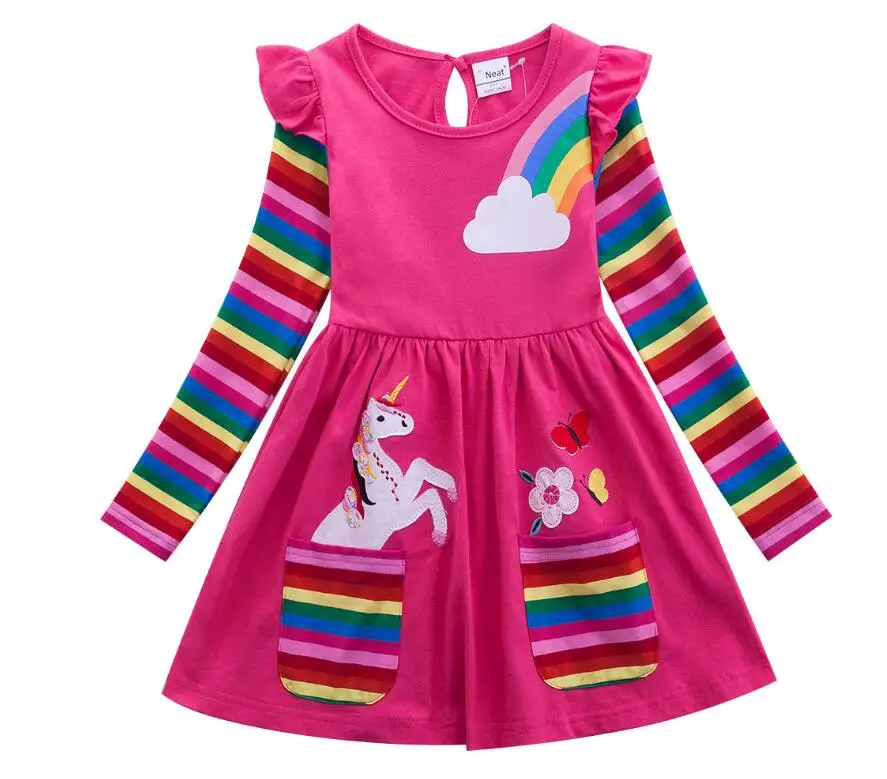 81035 fuchsia Платье с длинными рукавами и рисунком единорога для девочек; Новое Осеннее детское хлопковое платье с вышивкой; платье с цветочным рисунком и круглым вырезом; LH5908 - Цвет: 81035 fuchsia