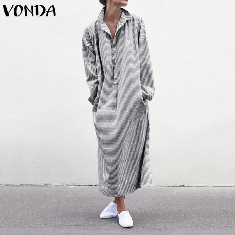 VONDA/свободное платье-рубашка, хлопковое длинное платье макси на пуговицах, повседневные женские вечерние платья, халат для беременных, женский пляжный Сарафан