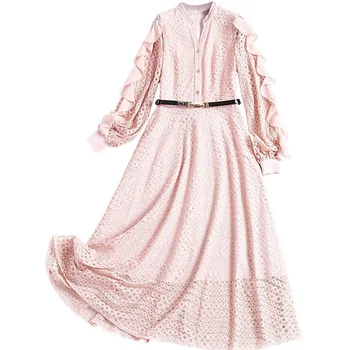 

Pink Black Lace Dress Designer Midi Long Dress Single Breasted Button Hollow Out Lace Dress Vestidos Party Dresses Sashes