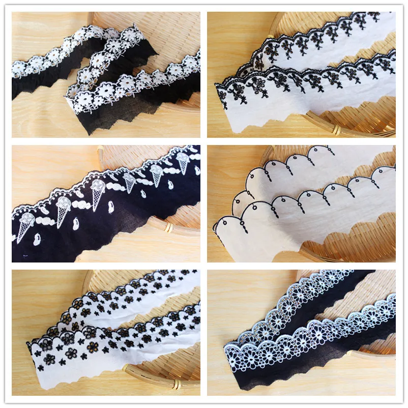 Lace Trim 10 Yard Ivory Black Cotton Cloth Flower Ice Cream Embroidery